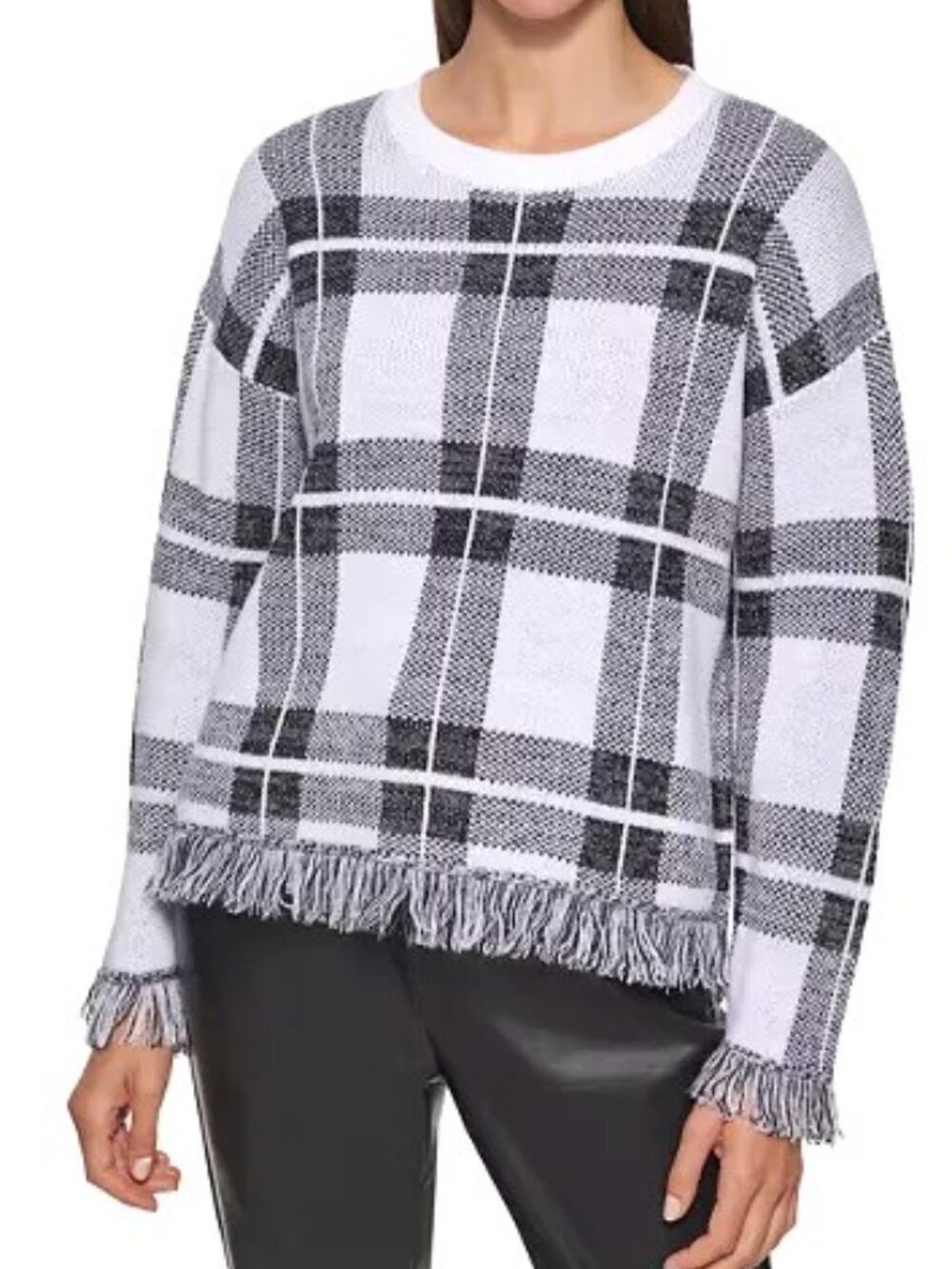 Calvin Klein Loose Fit Long Sleeve Fringe Sweater Size M Plaid White Black
